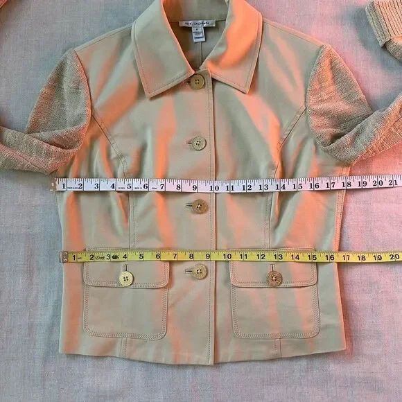ST. JOHN Knit Sleeve Khaki Cotton Cropped Jacket S Quiet Luxury Academia